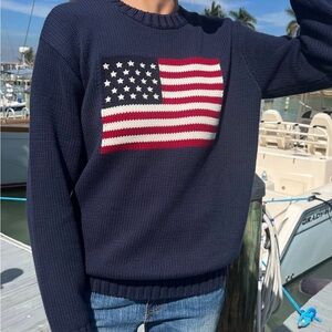 Brandy Melville Blue Crewneck Sweater with Flag Design
